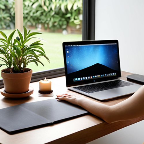 Home 14 **
A serene home office setup. Soft, natural light streams in, illuminating a minimalist desk. On the desk is a laptop, but it's closed. Instead, a person is shown tending to a small potted plant, wearing noise-canceling headphones, and a calming cup of tea sits nearby. In the background, a yoga mat is partially visible, and a window overlooks a peaceful garden. Focus on creating a sense of calm, balance, and intention.
**