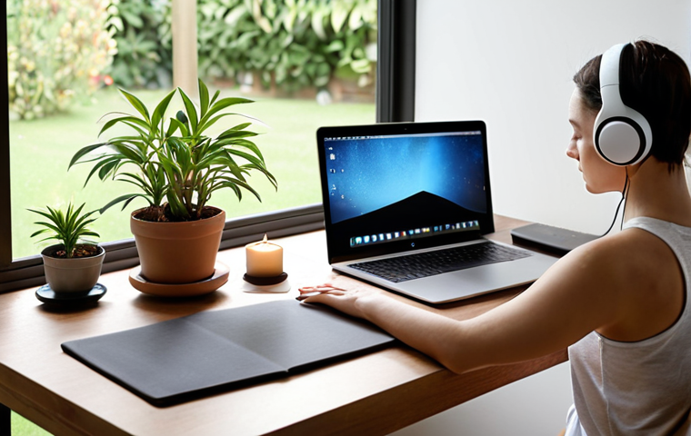 **
A serene home office setup. Soft, natural light streams in, illuminating a minimalist desk. On the desk is a laptop, but it's closed. Instead, a person is shown tending to a small potted plant, wearing noise-canceling headphones, and a calming cup of tea sits nearby. In the background, a yoga mat is partially visible, and a window overlooks a peaceful garden. Focus on creating a sense of calm, balance, and intention.
**