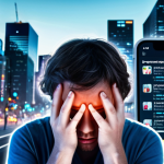 **

A person overwhelmed by glowing screens surrounding them, each displaying different apps, notifications, and social media feeds. The person is holding their head in their hands, looking stressed and exhausted. The background is a blurred cityscape, symbolizing the constant connectivity of modern life. Soft, diffused lighting with a slight blue tint to emphasize the digital aspect.

**