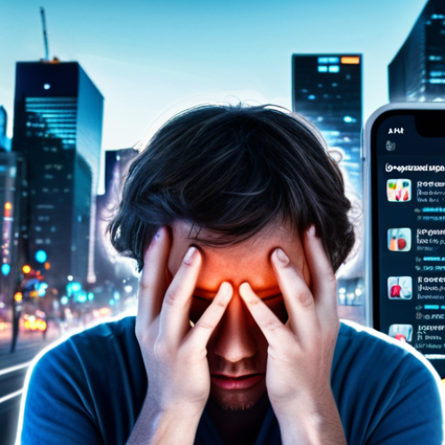 Home 7 **
A person overwhelmed by glowing screens surrounding them, each displaying different apps, notifications, and social media feeds. The person is holding their head in their hands, looking stressed and exhausted. The background is a blurred cityscape, symbolizing the constant connectivity of modern life. Soft, diffused lighting with a slight blue tint to emphasize the digital aspect.
**