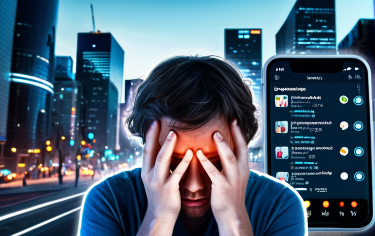 **
A person overwhelmed by glowing screens surrounding them, each displaying different apps, notifications, and social media feeds. The person is holding their head in their hands, looking stressed and exhausted. The background is a blurred cityscape, symbolizing the constant connectivity of modern life. Soft, diffused lighting with a slight blue tint to emphasize the digital aspect.
**