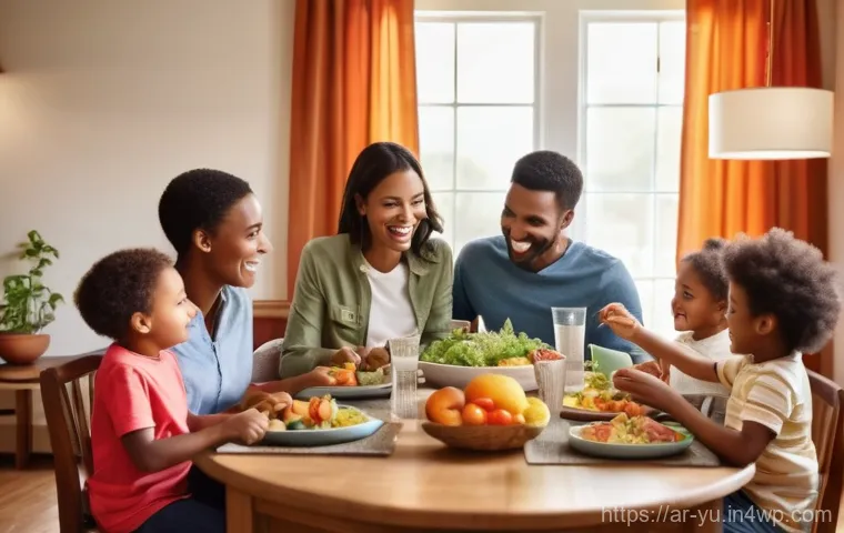 기술 피로를 줄이는 직장 내 프로그램 - **Prompt 1: Serene Family Dinner - Digital Disconnect** A warmly lit, cozy dining room during an...