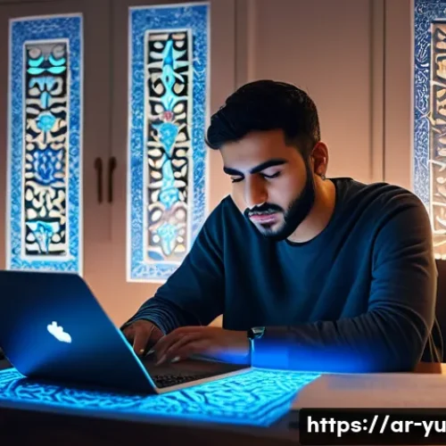 Home 33 기술 피로의 증상과 해결책 - A young Arab man sitting at a modern desk in a cozy home office, surrounded by digital devices like ...