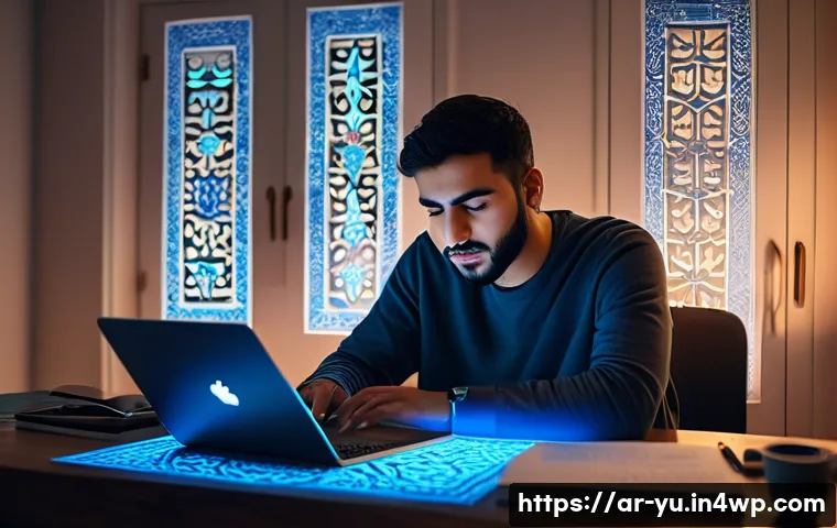 기술 피로의 증상과 해결책 - A young Arab man sitting at a modern desk in a cozy home office, surrounded by digital devices like ...