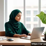 Home 20 기술 피로 회복을 위한 창의적인 방법 - A serene indoor workspace scene with a young Arab woman in modest, comfortable clothing performing d...
