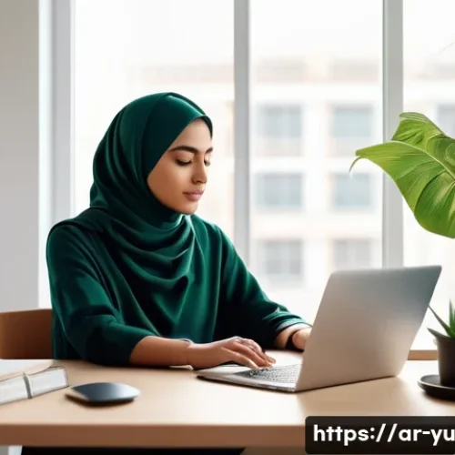 Home 32 기술 피로 회복을 위한 창의적인 방법 - A serene indoor workspace scene with a young Arab woman in modest, comfortable clothing performing d...