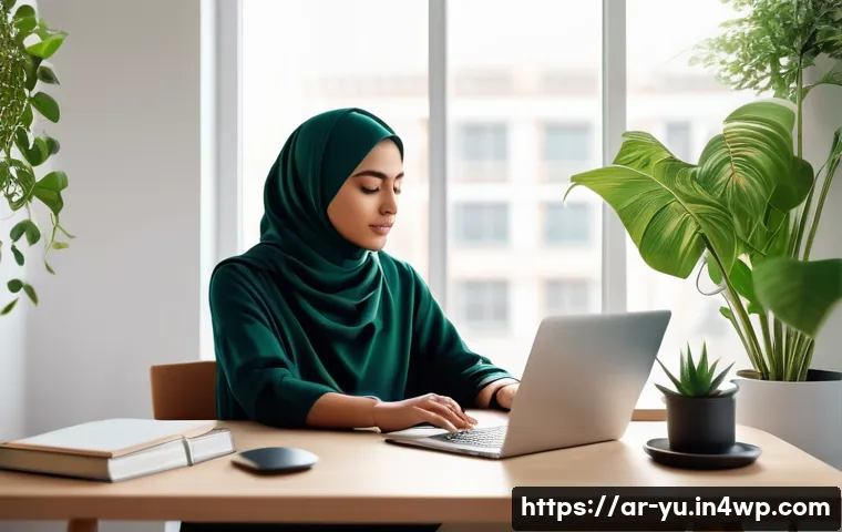 기술 피로 회복을 위한 창의적인 방법 - A serene indoor workspace scene with a young Arab woman in modest, comfortable clothing performing d...