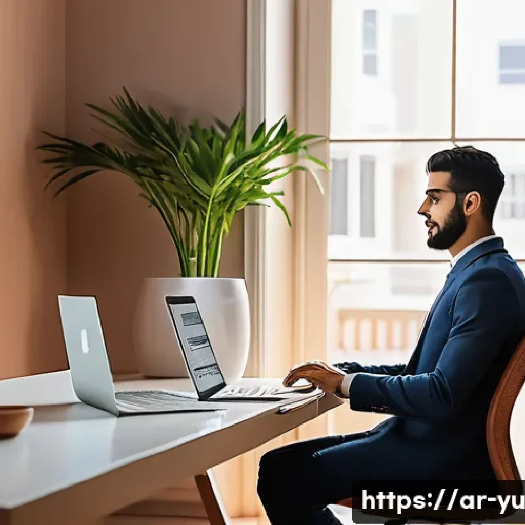 원격 근무 중 기술 피로 예방하기 - A modern home office scene in a Middle Eastern apartment with soft natural light coming through a la...