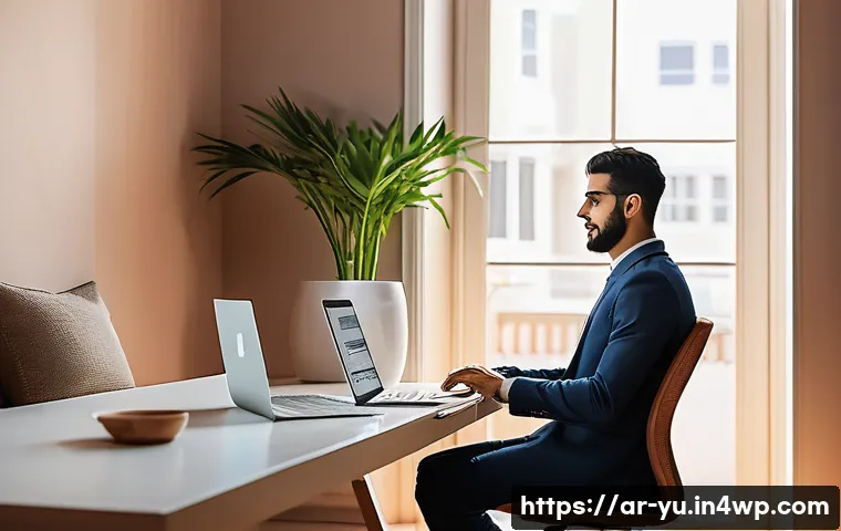 원격 근무 중 기술 피로 예방하기 - A modern home office scene in a Middle Eastern apartment with soft natural light coming through a la...