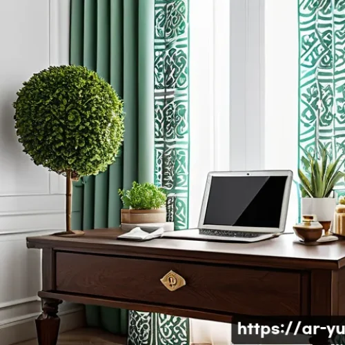 Home 30 기술 피로 회복을 위한 창의적 접근법 - A peaceful, well-organized home office scene designed for an Arabic-speaking professional, featuring...