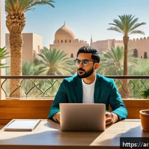 Home 17 기술 피로를 줄이는 유익한 대화법 - A serene modern workspace bathed in warm natural light, featuring a Middle Eastern man in his 30s si...